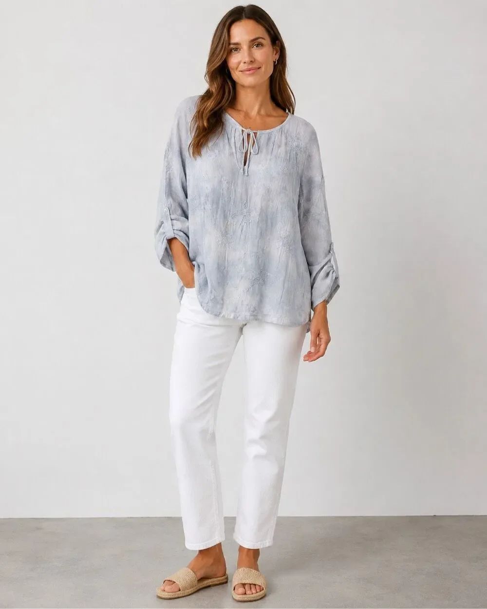 Pure Jill Petite Large Blue Tie Dye Embroidered Roll Tab Cotton Peasant Top #130